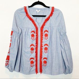 Crown & Ivy Chambray Peasant Top w/ Red Embroidery